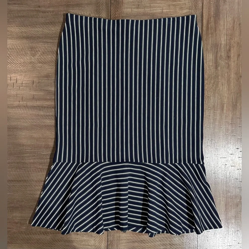 NWT Ann Taylor navy/green/white striped ruffle midi skirt Size Large